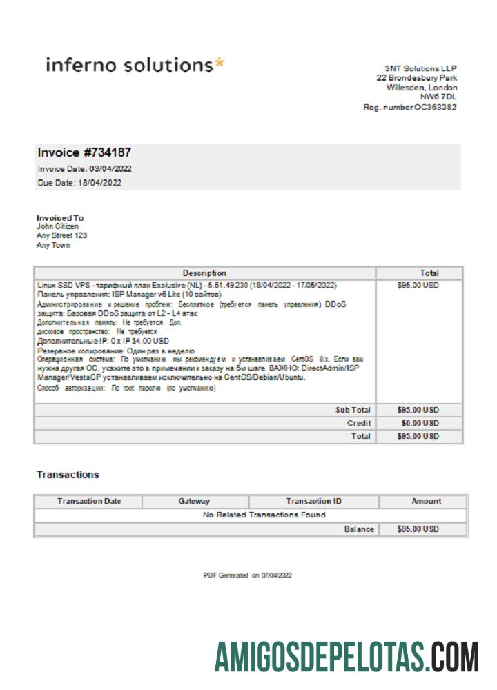 Fatura da Inferno Solutions no Reino Unido modelo